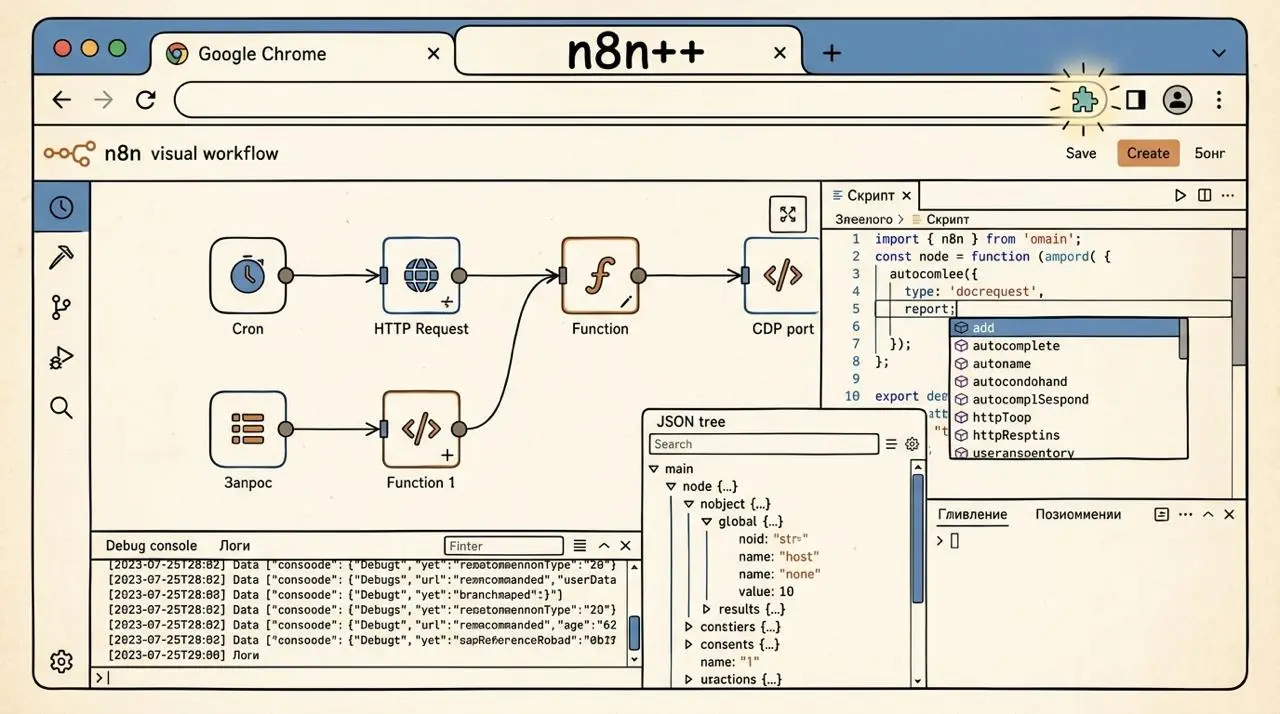 n8n++ interface concept with workflow canvas and editor