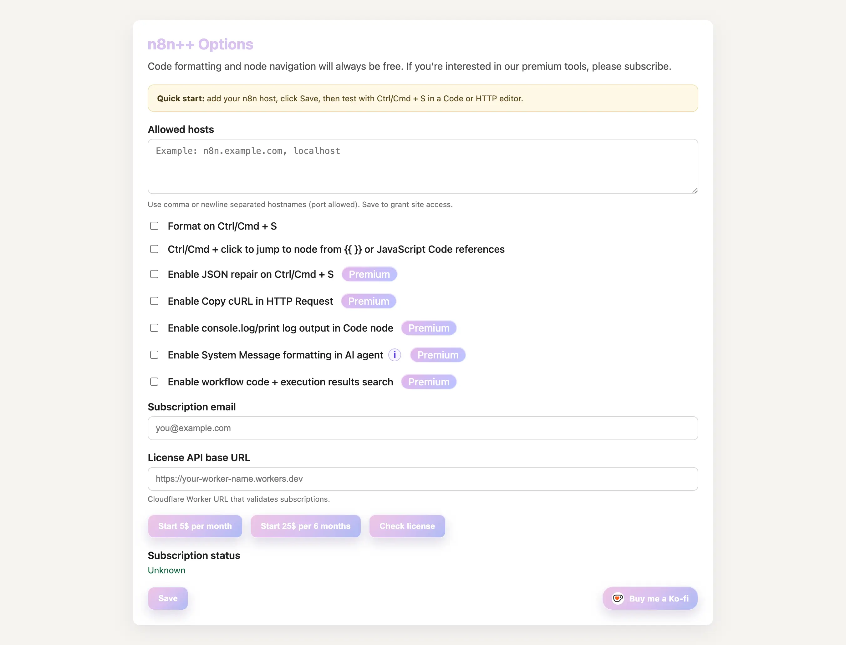 n8n++ extension options page